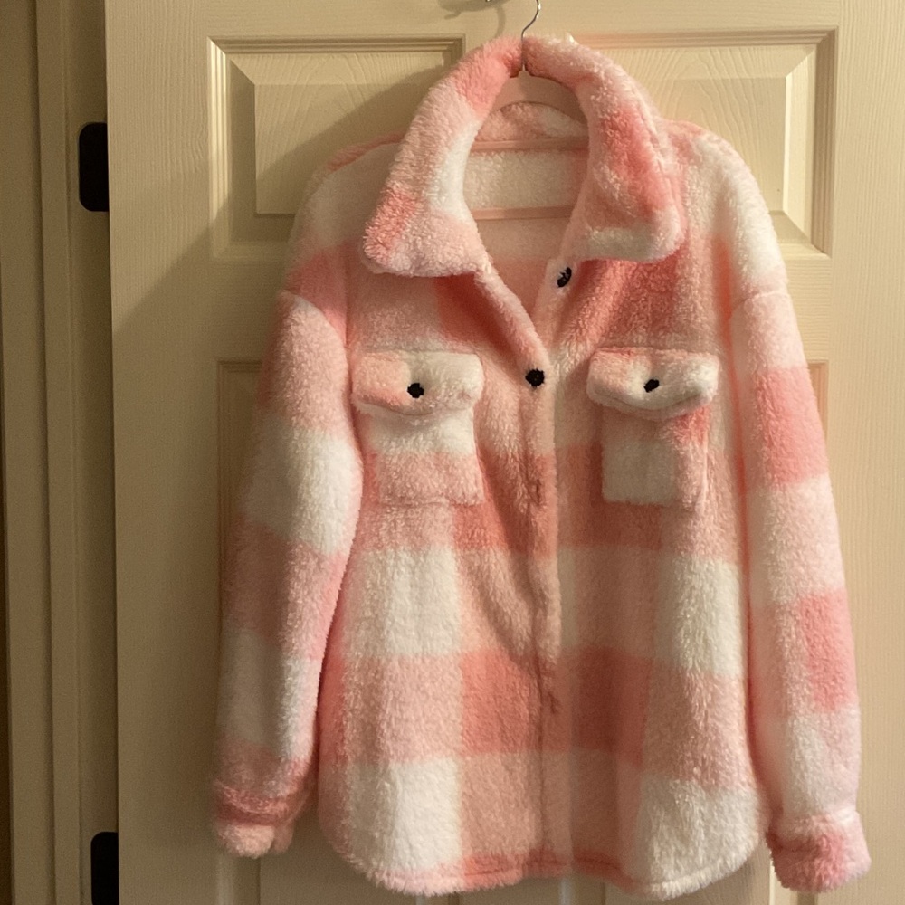 Women's Pink and White Plaid Fleece Jacket